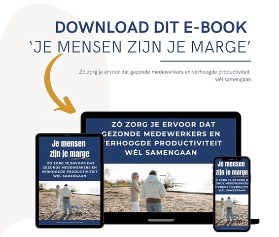 E-book 'Je mensen zijn je marge' op laptop, tablet en telefoon