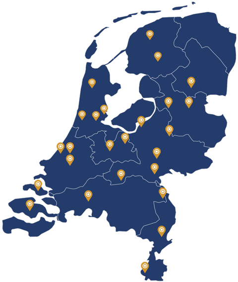 Kaart van Nederland met de regio's van de coaches van Beweging Op Elk Niveau